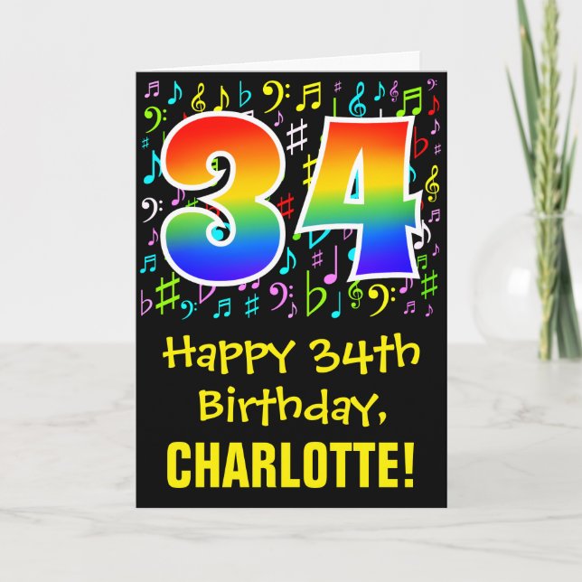 34. Geburtstag: Farbige Musiksymbole + Regenbogen  Karte (Vorderseite)