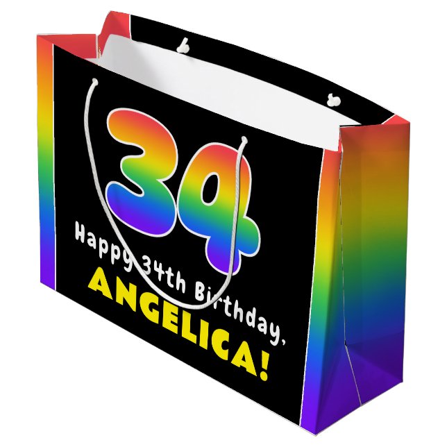 34. Geburtstag: Farbiger Regenbogen # 34, Individu Große Geschenktüte (Rückseite Schrägansicht)