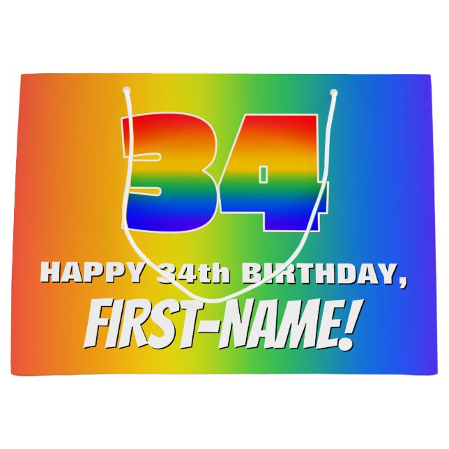 34. Geburtstag: Farbiges, lustiges Regenbogenmuste Große Geschenktüte (Vorderseite)