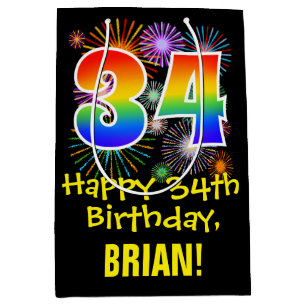 34. Geburtstag: Fun Fireworks Pattern + Rainbow 34 Mittlere Geschenktüte
