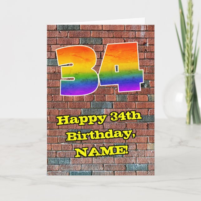 34. Geburtstag: Fun Graffiti-Inspiriert Regenbogen Karte (Vorderseite)
