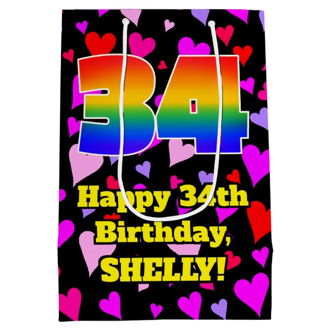 34. Geburtstag: Loving Hearts Pattern, Regenbogen  Mittlere Geschenktüte (Rückseite)