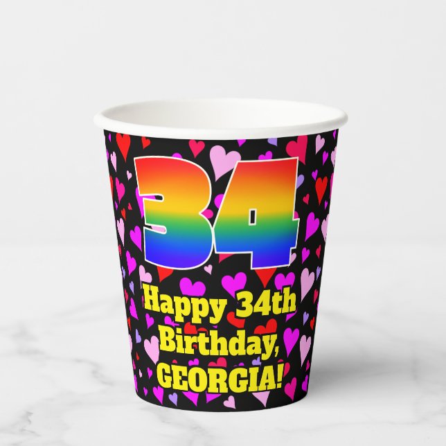 34. Geburtstag: Loving Hearts Pattern, Regenbogen  Pappbecher (Vorderseite)