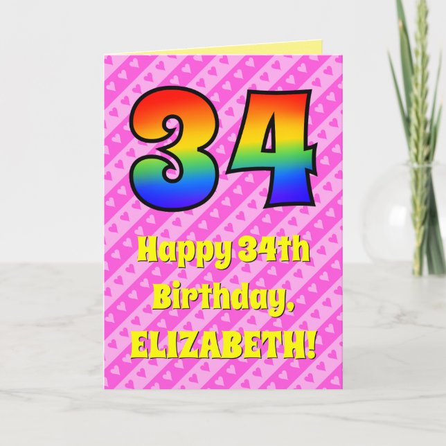 34. Geburtstag: Rosa Streifen & Herz, Regenbogen N Karte (Vorderseite)