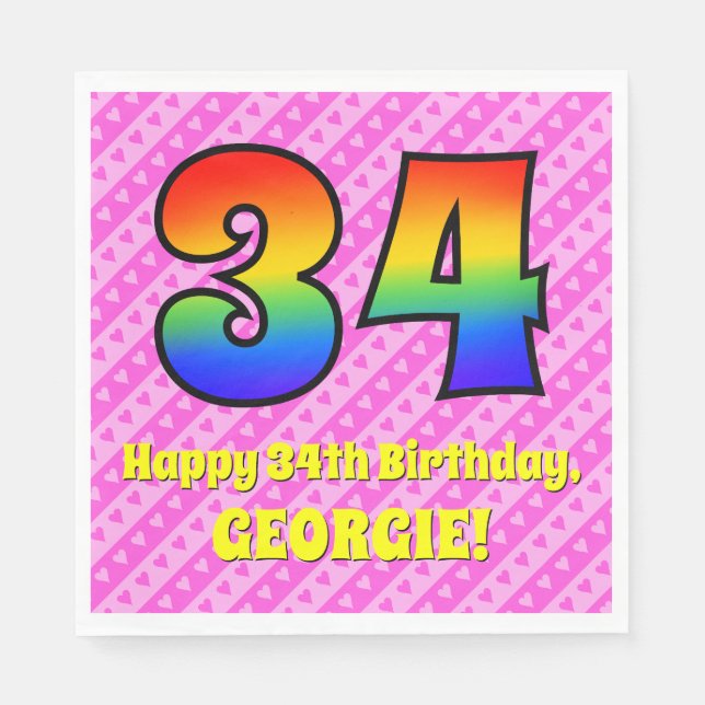 34. Geburtstag: Rosa Streifen & Herz, Regenbogen N Serviette (Vorderseite)