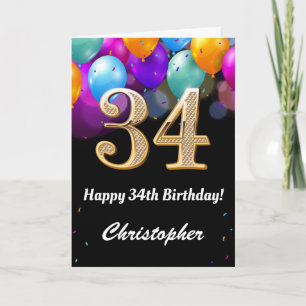 34. Geburtstag Schwarz und Gold farbige Ballons Karte