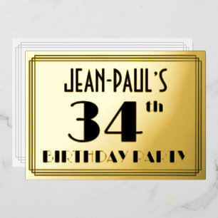 34. Geburtstagsfeier — Art Deco-Look „34“ + Name Folieneinladung