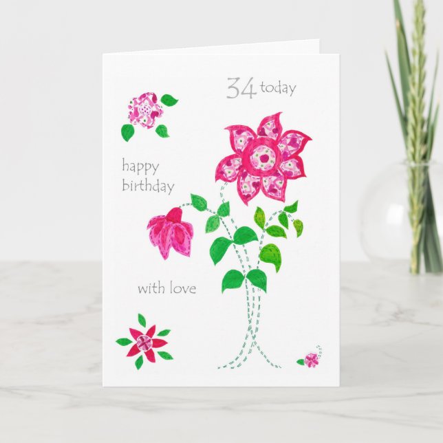 34. Geburtstagskarte - Rosa Blume Karte (Vorderseite)