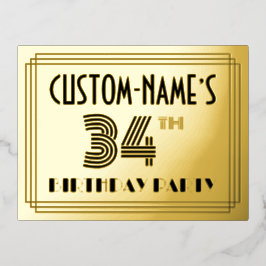 34. Geburtstagsparty ~ Art-Deco-Stil "34" + Name Folie Einladungspostkarte