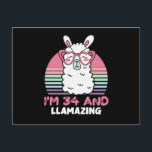 34 Year Old Bday Llamazing 34th Birthday Llama Postkarte<br><div class="desc">Retro Vintage Style Birthday Gift Design Perfect To Pair With Shorts,  Leggings Or Jeans For A Casual Yet Trendy Look. Humorous Funny Humor Birthday Gift Outfit For Family Member,  Loved One Or Yourself. Matches Loads Of Clothes. GET YOURS TODAY!</div>