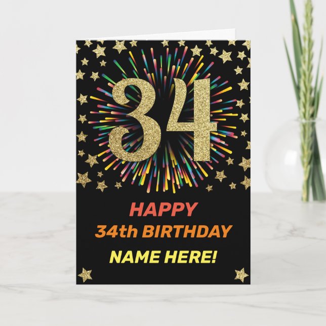34th Birthday Fireworks Rainbow Gold Fun Karte (Vorderseite)