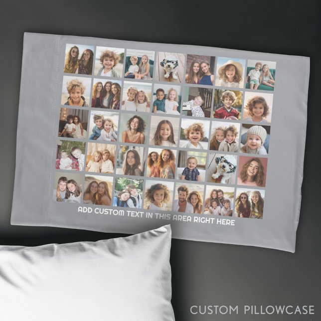 35 Foto Collage Grid - 1 Textbox - grau weiß Kissenbezug (Custom Photo Collage Pillowcase)