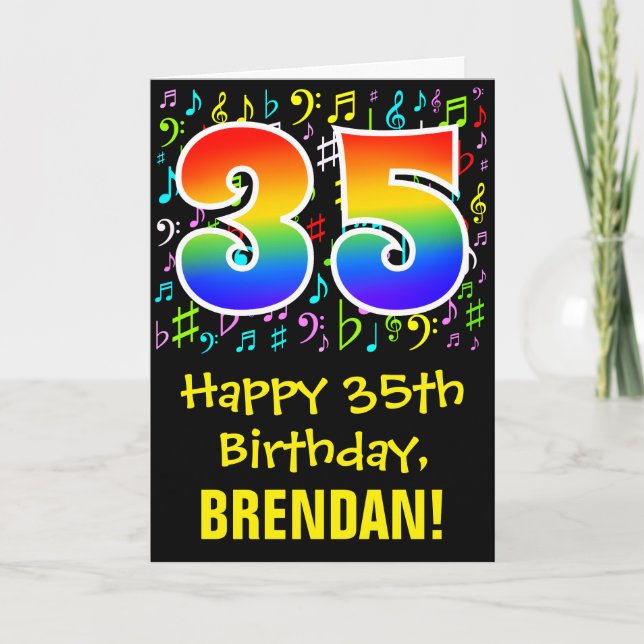 35. Geburtstag: Farbige Musiksymbole + Regenbogen  Karte (Vorderseite)