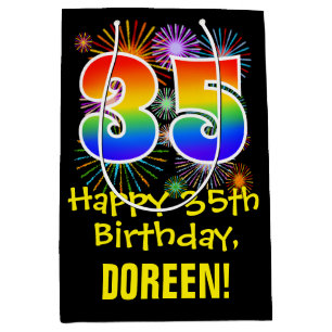 35. Geburtstag: Fun Fireworks Pattern + Rainbow 35 Mittlere Geschenktüte