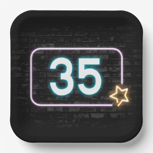 35. Geburtstag Neon Sign On Brick Pappteller (Vorderseite)