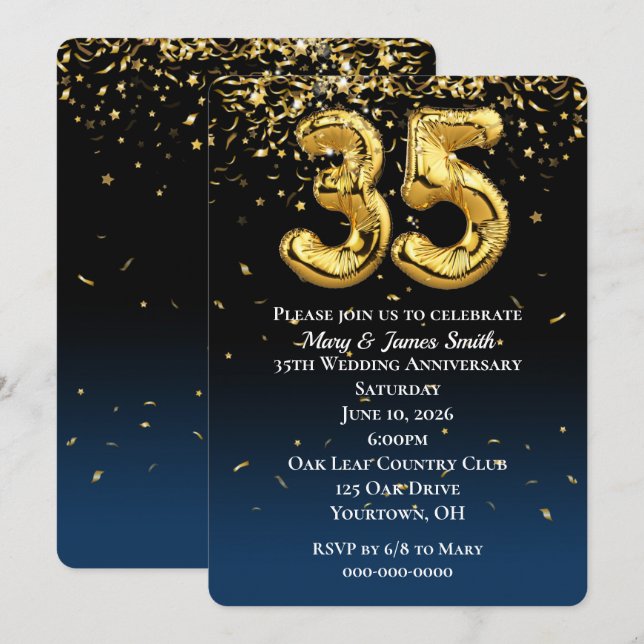 35 Jahre Gold Balloons & Confetti Einladung (Vorne/Hinten)