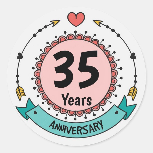 35 Jahre Jubiläum mit Herz und Pfeilen Runder Aufkleber (Vorderseite)