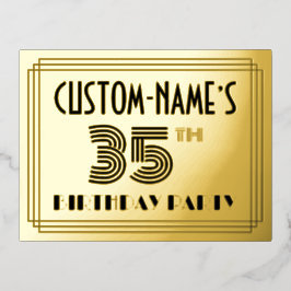 35th Birthday Party ~ Art Deco Style “35” + Name Folie Einladungspostkarte