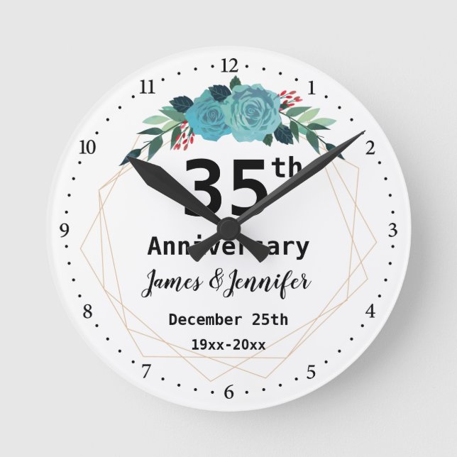35th Wedding Anniversary Custom Names and Year Runde Wanduhr (Vorderseite)