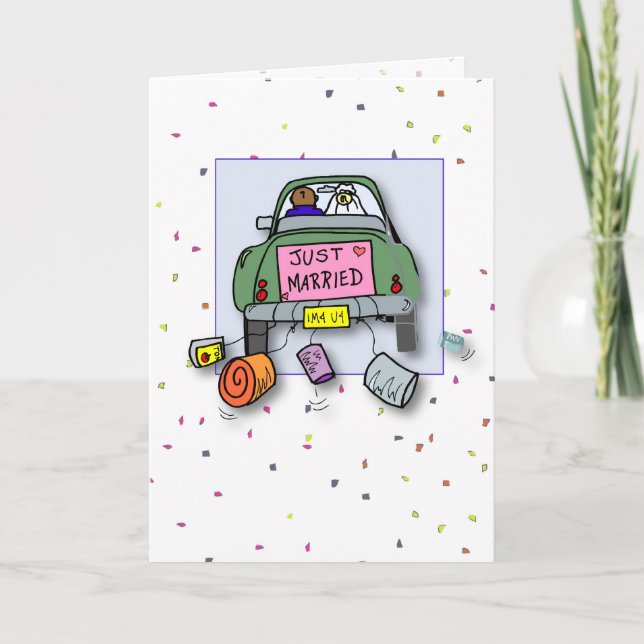 3653 Just Married Car Whimsical Karte (Vorderseite)