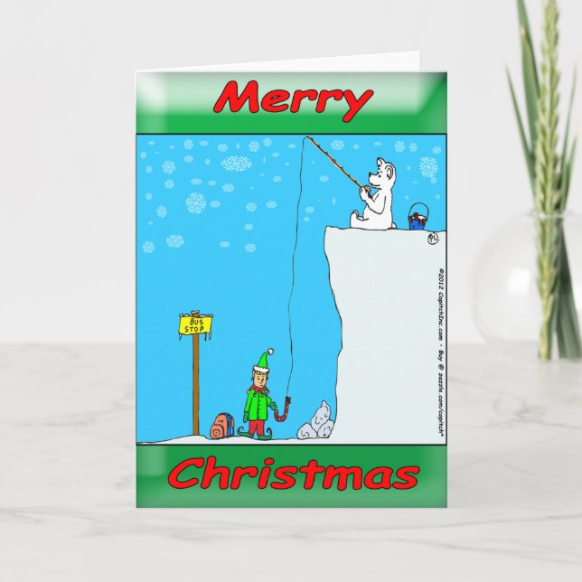 366 Frohe Weihnachtsbärenfischerei auf Elfen Feiertagskarte (Vorderseite)