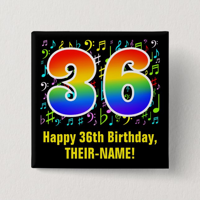 36. Geburtstag: Farbige Musiksymbole, Regenbogen 3 Button (Vorderseite)
