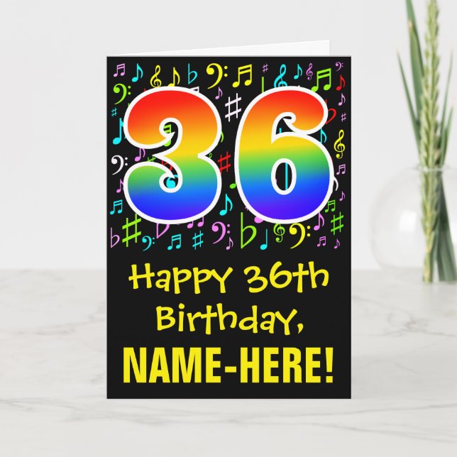 36. Geburtstag: Farbige Musiksymbole + Regenbogen  Karte (Vorderseite)