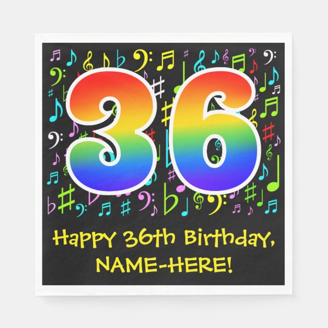 36. Geburtstag - Farbige Musiksymbole, Regenbogen  Serviette (Vorderseite)