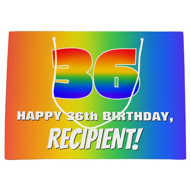 36. Geburtstag: Farbiges, lustiges Regenbogenmuste Große Geschenktüte (Vorderseite)