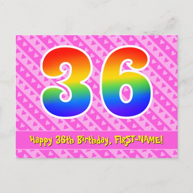 36. Geburtstag: Rosa Streifen & Herz, Regenbogen 3 Postkarte (Vorderseite)