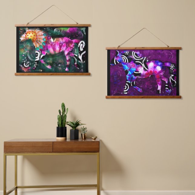 36"x26" Set von zwei Tapisserien, Abstrakt Pferde Wandteppich Mit Holzrahmen (Asymmetrisch)