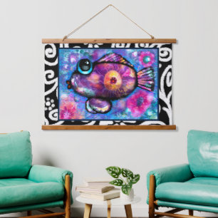 36x26" Tapestry- Whimsical Abstrakt Fish Art Print Wandteppich Mit Holzrahmen