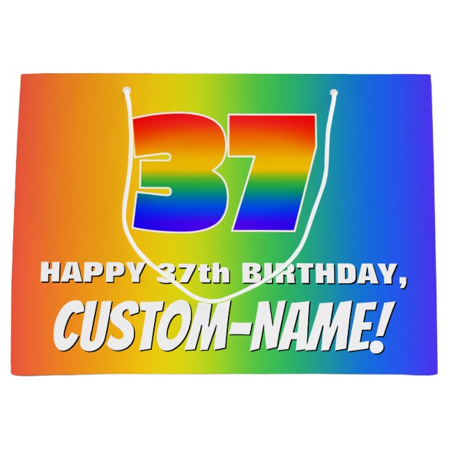 37. Geburtstag: Farbiges, lustiges Regenbogenmuste Große Geschenktüte (Vorderseite)