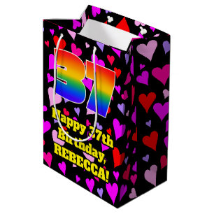 37. Geburtstag: Loving Hearts Pattern, Regenbogen  Mittlere Geschenktüte