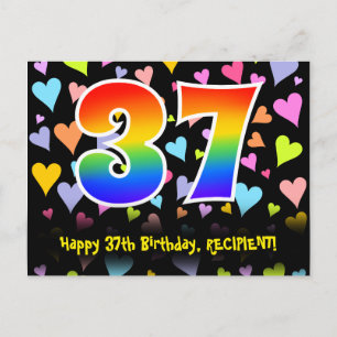37. Geburtstag: Lustiges Herzen-Muster, Regenbogen Postkarte