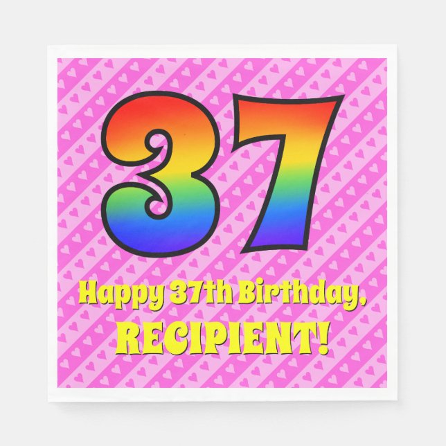 37. Geburtstag: Rosa Streifen & Herz, Regenbogen # Serviette (Vorderseite)