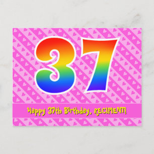 37. Geburtstag: Rosa Streifen & Herzen, Regenbogen Postkarte
