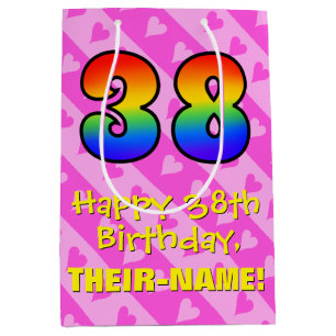 38. Geburtstag: Fun Pink Hearts Streifen; Regenbog Mittlere Geschenktüte