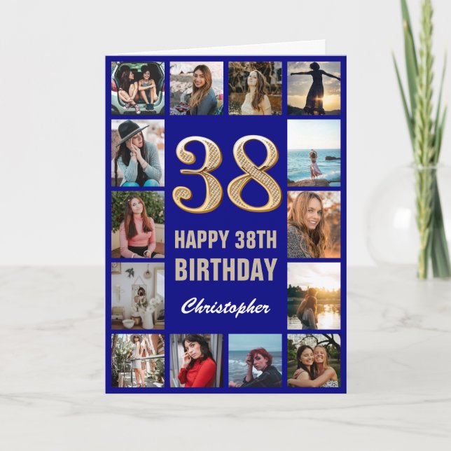 38. Happy Birthday Navy Blue & Gold Foto Collage Karte (Vorderseite)