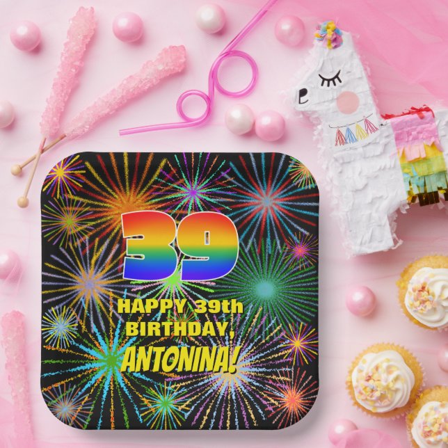 39. Geburtstag: Bunte, lustige feierliche Feuerwer Pappteller (Party)