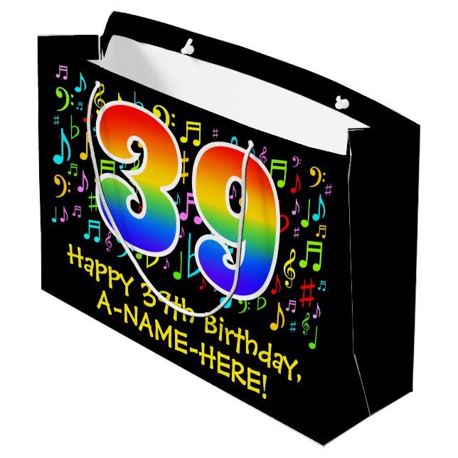 39. Geburtstag - Farbige Musiksymbole, Regenbogen  Große Geschenktüte (Rückseite Schrägansicht)