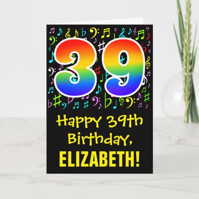 39. Geburtstag: Farbige Musiksymbole + Regenbogen  Karte (Vorderseite)