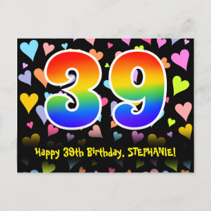 39. Geburtstag: Lustiges Herzen-Muster, Regenbogen Postkarte