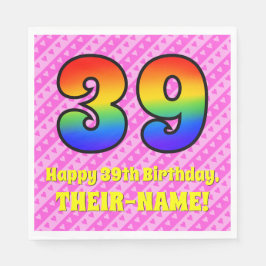 39. Geburtstag: Rosa Streifen & Herz, Regenbogen # Serviette