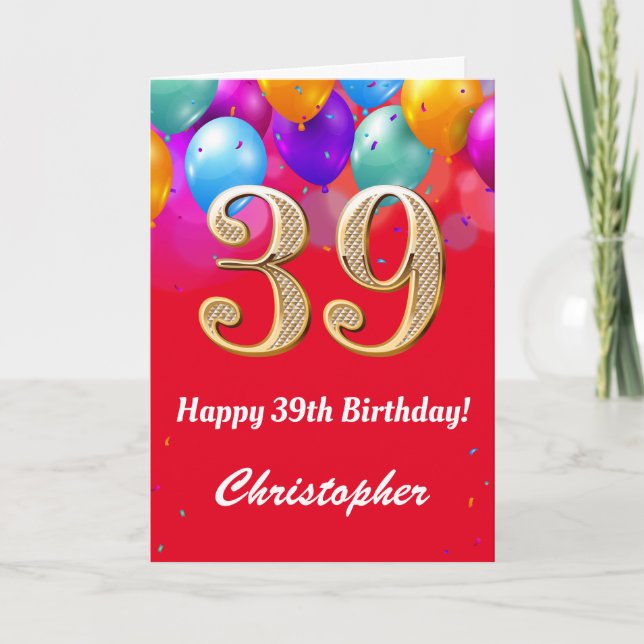 39. Geburtstag Rot und Gold farbige Ballons Karte (Vorderseite)