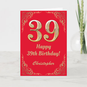 39. Geburtstag - Rot und Gold Glitzer Rahmen Karte