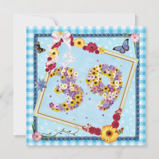 39. Geburtstagsparty Einladung Blume, Schmetterlin (Vorderseite)