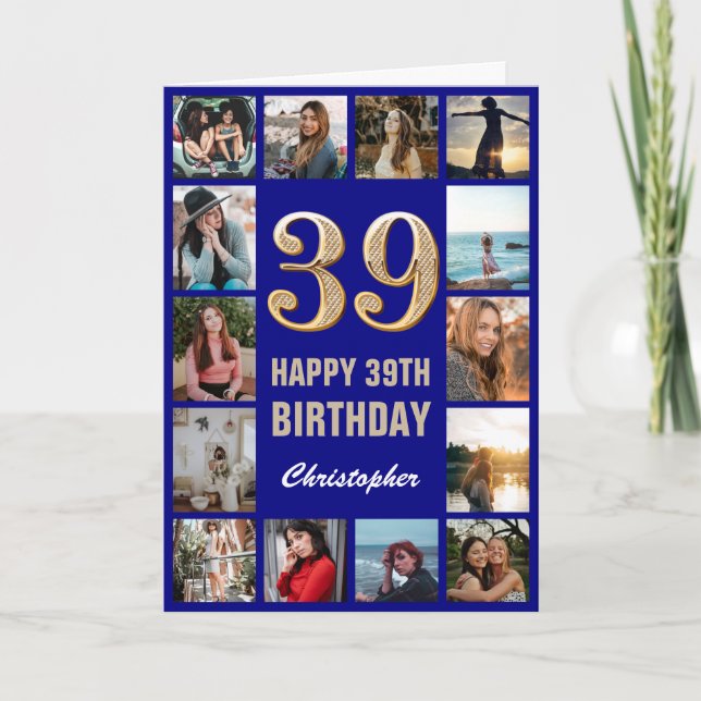 39. Happy Birthday Navy Blue & Gold Foto Collage Karte (Vorderseite)