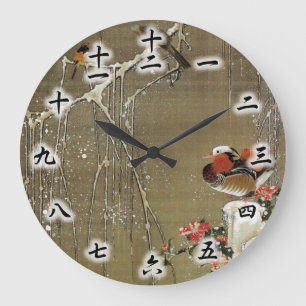 3. 雪中鴛鴦図, 若冲 Mandarin Duck in The Snow, Jakuchū Große Wanduhr