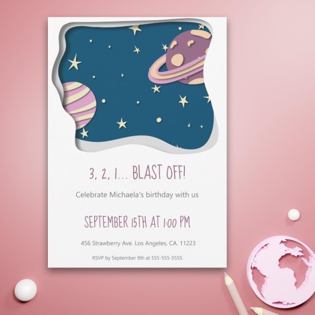 3 2 1 Blast Off Galaxy Theme Girl Erstgeburt Einladung (Blast off pink and purple galaxy space girl first birthday invitation)